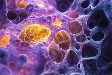Leinwandbilder - Microscopic image of a porous, sponge-like structure with purple and orange hues, possibly representing cellular or biological material.