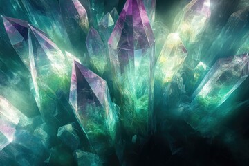 Leinwandbilder - A mesmerizing cluster of teal and purple crystals, glowing with an ethereal light.