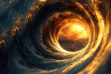 Poster - A swirling ocean wave tunnel reveals a fiery sunset, creating a mesmerizing and surreal scene.