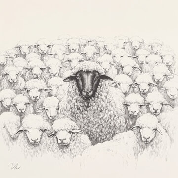 A hyper-detailed, hand-sketched drawing of a flock of fluffy sheep, with a lone black sheep subtly disrupting the uniformity