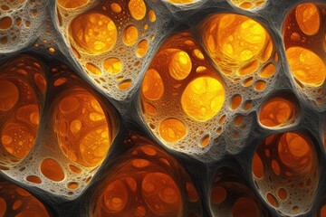 Poster - Abstract 3D render of a porous, cavernous structure with glowing orange interiors.