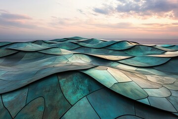 Poster - Abstract ocean waves depicted in a mosaic of teal and green, capturing a serene sunset scene.