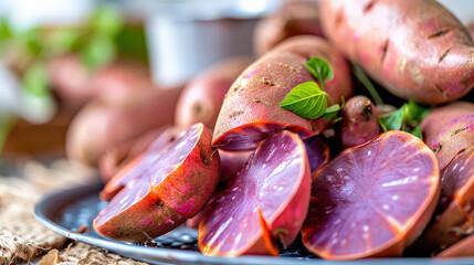 Poster - Freshly harvested purple sweet potatoes with vibrant colors and leafy greens