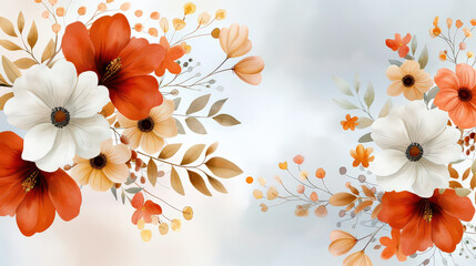 Poster - hand drawn watercolor floral pattern with delicate blooms in warm tones, featuring red and white flowers with soft leaves and light background