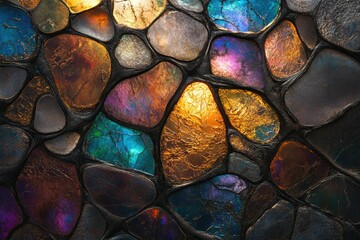 Poster - Abstract art depicting a mosaic of iridescent, gold, and dark-colored stones.
