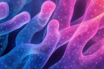 Poster - Abstract image of bioluminescent, glowing, flowing, interconnected organic forms resembling cells or microorganisms.