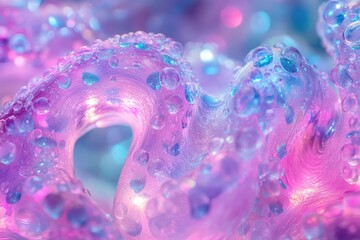 Poster - Abstract image of a pink and blue wavy texture with water droplets, creating a dreamy, ethereal aesthetic.