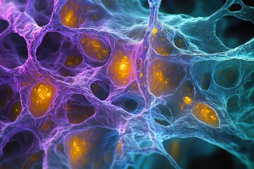 Aufkleber - Microscopic image showcasing a complex network of interconnected cells with glowing nuclei, possibly representing a neural network or similar biological structure.