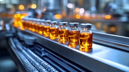 Poster - Brightly colored glass vials filled with a golden-orange liquid glide smoothly along a conveyor belt in a bustling pharmaceutical factory. The soft glow of machinery sets a warm ambiance