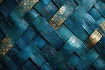 Poster - Intricate woven pattern in teal and gold; a textured background image.