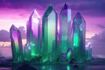 Poster - A breathtaking cluster of vibrant purple and green crystals emerges from a serene, purple-hued landscape at sunset.