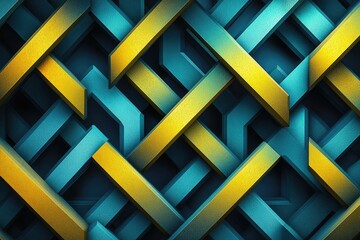 Fototapete - Abstract geometric pattern with intersecting teal and gold bars creating a complex, interwoven design.