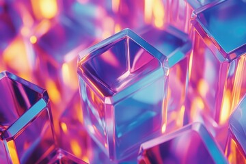 Fototapete - Close-up of vibrant, iridescent glass cubes reflecting neon lights, creating a dazzling abstract image.
