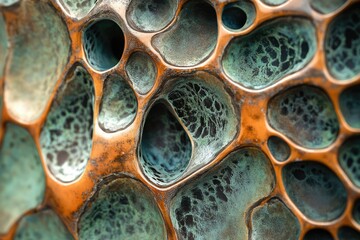 Aufkleber - Abstract copper sculpture with intricate, cavernous, teal-toned detailing.