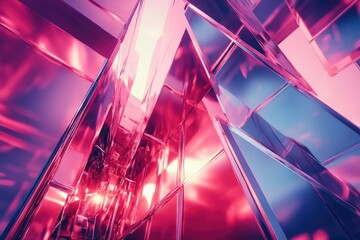 Fototapete - Abstract pink and purple geometric structure, reflective surfaces, digital art.