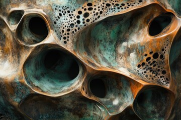 Aufkleber - Abstract bronze sculpture with cavernous, textured surface and teal-brown patina.