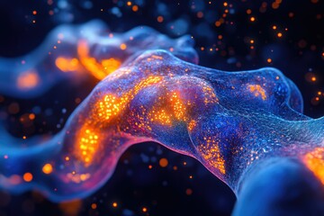 Aufkleber - Abstract digital art depicting a bioluminescent, flowing structure with vibrant orange and blue hues.