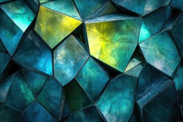 Aufkleber - Abstract 3D render of faceted turquoise and yellow gemstones, creating a mesmerizing geometric pattern.