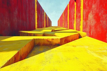 Aufkleber - Abstract architectural rendering of a vibrant yellow and red pathway leading into a distant light.
