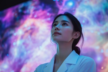 Aufkleber - a woman gazes up at a vibrant, cosmic nebula, awestruck by its beauty and mystery.