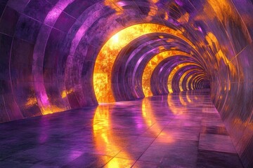 Poster - A mesmerizing purple and gold tunnel, futuristic architecture with vibrant lighting and reflective floors.