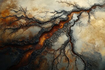 Aufkleber - Abstract aerial view of a cracked earth landscape with a vibrant orange river flowing through it.
