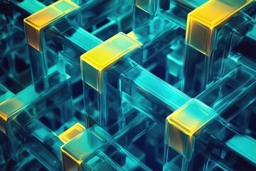 Poster - Abstract 3D render of interconnected turquoise and gold glass cubes, creating a complex network.