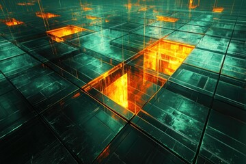 Aufkleber - Abstract digital landscape with glowing orange cubes and teal grid, futuristic and technological.