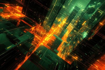 Poster - Abstract digital cityscape with glowing orange and green lines, illustrating a futuristic metropolis.