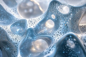 Poster - Abstract 3D render of a porous, metallic, biomorphic structure with a cool, blue tone.