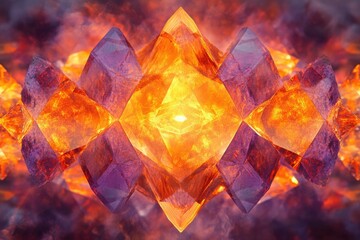 Poster - Fiery orange and purple crystals cluster in a symmetrical, glowing arrangement, creating a captivating visual spectacle.