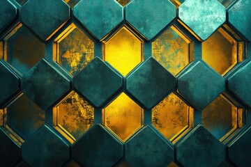 Aufkleber - Abstract honeycomb pattern with teal and gold hues, creating a textured, metallic backdrop.