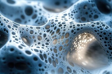 Poster - Abstract 3D render of a porous, cavernous structure with interconnected holes, resembling a sponge or bone.