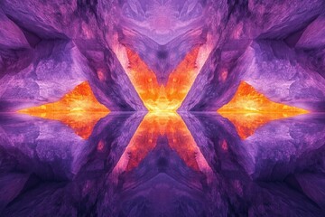 Poster - Symmetrical abstract art depicting a vibrant purple and orange canyon reflecting in still water.