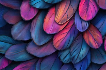 Leinwandbilder - Close-up of iridescent, overlapping feathers in vibrant shades of pink, purple, and blue.