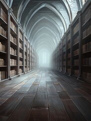 Poster - an old library where books float in mid-air, defying gravity. the aisles twist like a spiral, leadin