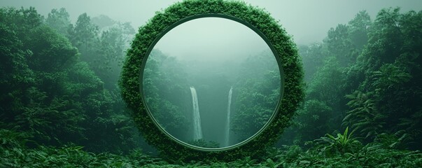 Poster - a mirror in the middle of a forest that doesn't reflect reality but instead shows a parallel world w