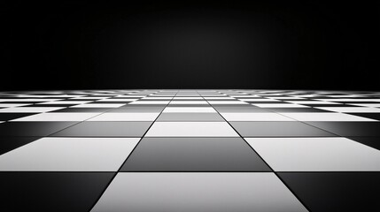 Poster - A giant chessboard where the pieces appear larger the closer they get, creating a forced perspective illusion. The black and white tiles seem to stretch infinitely into the horizon. Moody lighting,