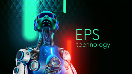 Leinwandbilder - AI. Artificial intelligence humanoid robot concept. Artificial neural network in cyborg looking at up. AI mind. Robot face ai in green, red neon light. Cyborg or robot wise looking at up. Past future.