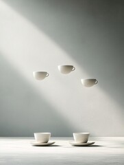Poster - A cafe where objects on tables appear to defy gravityâ€”cups float mid-air, chairs lean at impossible angles, yet everything feels strangely balanced. Hyperrealistic, artistic composition, warm
