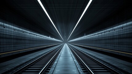 Poster - a subway station where the tracks appear to lead into the sky instead of underground. the perspectiv