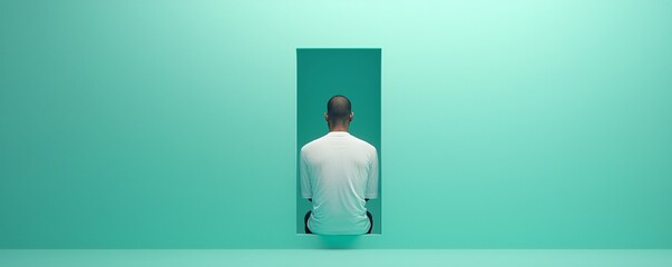 Poster - a person looking into a mirror, but their reflection is turned away, not mirroring their movements, 