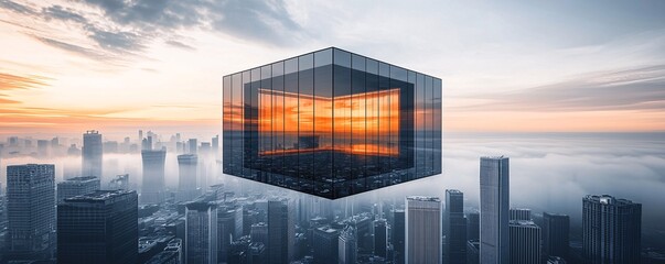 Poster - a floating cube in the middle of a city that reflects a different version of reality inside, mind-be