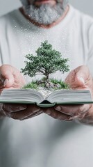 Poster - A person opening a book, but instead of pages, they find an entire miniature world inside, highly detailed textures, immersive storytelling, surreal yet realistic composition, breathtaking lighting
