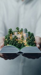 Poster - A person opening a book, but instead of pages, they find an entire miniature world inside, highly detailed textures, immersive storytelling, surreal yet realistic composition, breathtaking lighting