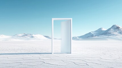 Poster - a door standing alone in the middle of a desert, when opened, it reveals a snowy mountain landscape,