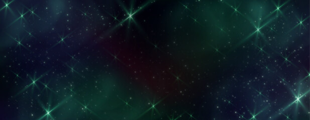 Wall Mural - outer space background with deep black green nebula and starry sky. bright sparkle effects scattered