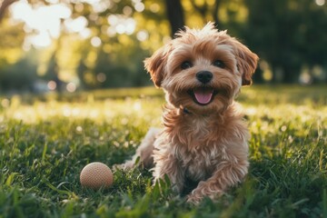 Aufkleber - Energetic puppy plays joyfully with a ball in a lush green park under the warm sunlight