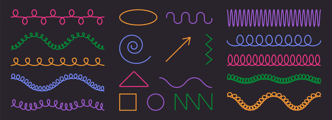 Poster - Colorful geometric spring coil line art collection - curly spirals and loops, waves and zigzags, coils on dark background. Decorative squiggly patterns, circular swirls, square and triangle shapes.