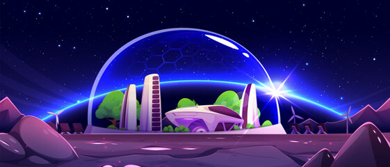 Poster - Futuristic mars colony under protective dome - sleek purple buildings, green trees, advanced transport vehicle. Starry night sky backdrop with planet on horizon with blue glow. Rocky purple terrain.